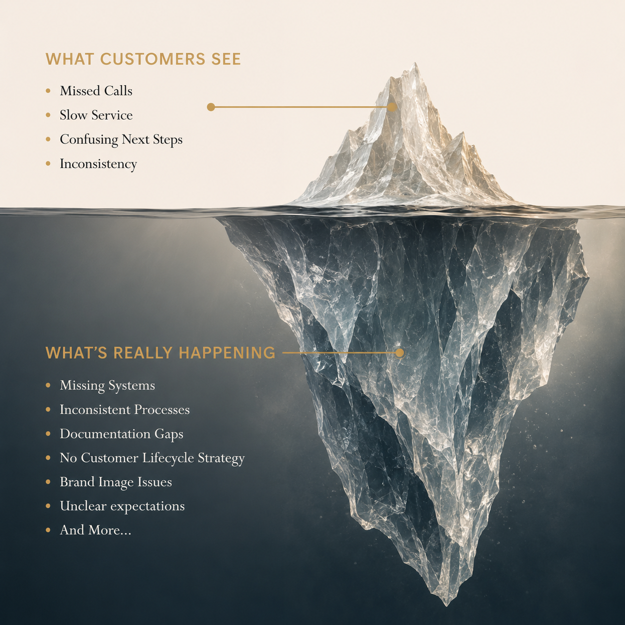 Iceberg infographic showing that visible customer experience problems are often caused by hidden operational and process issues beneath the surface.