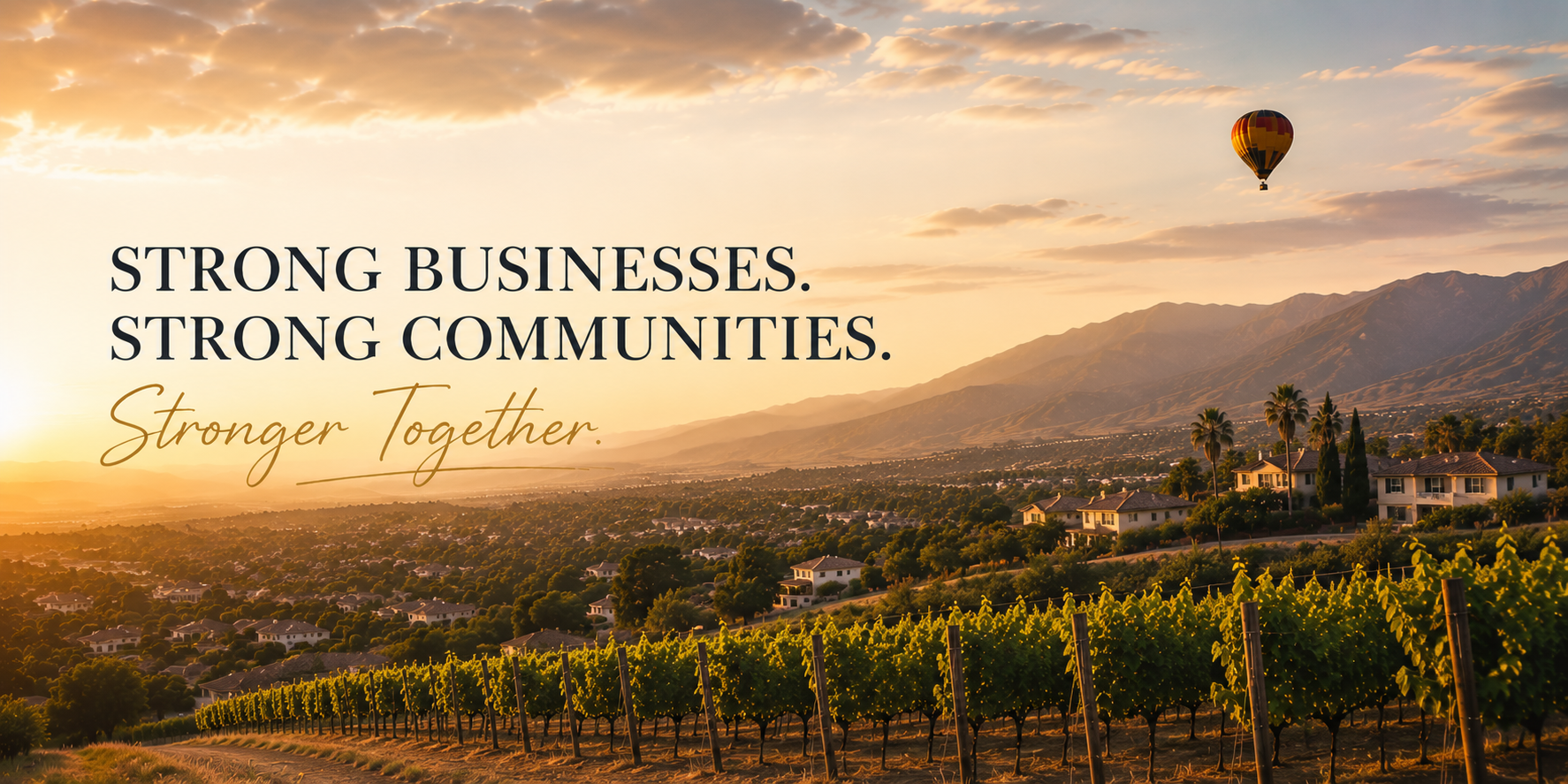 Wine country at sunrise with hot air balloon in the sky and wording on top reading strong businesses strong communities stronger together