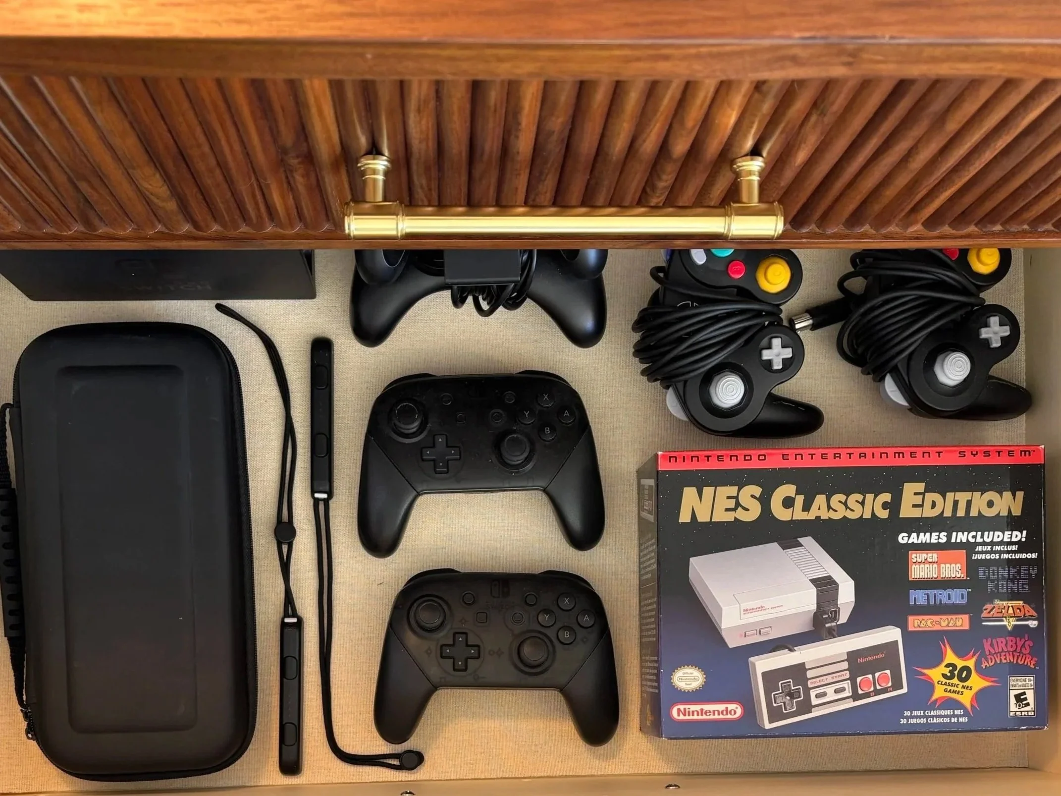 Nintendo NES Classic Edition box. Tech cabinet organized by Adrian Jacob Creative. San Francisco Home Organizer. Home Tech Organizing.