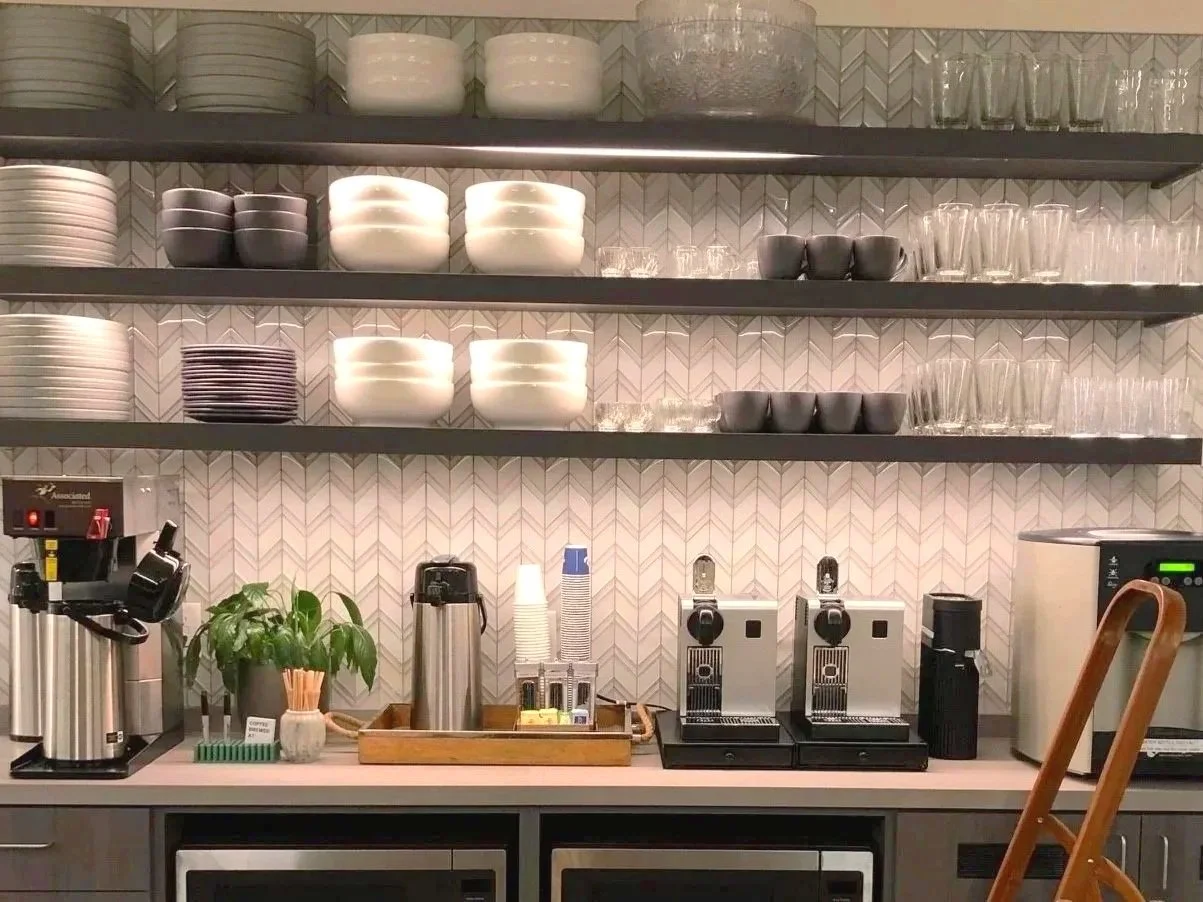 Tech office kitchen organized and styled by Adrian Jacob Creative. Professional Organizer for Tech Office Spaces. Interior Stylist for Tech Office spaces.