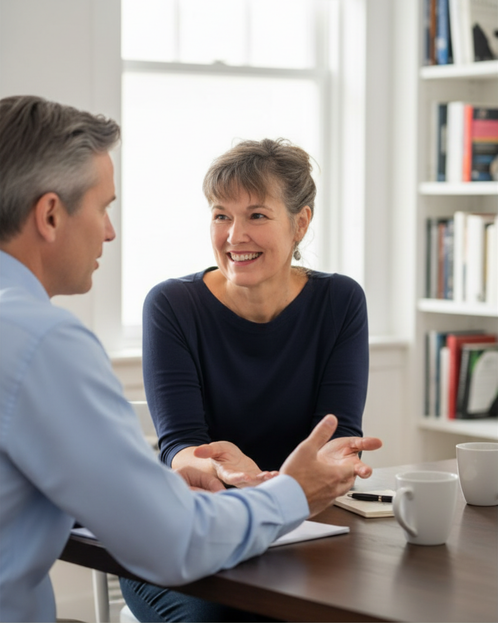 Two people engaged in a conversation at a desk, with notebooks, pens, and coffee mugs present, in a bright room with bookshelves.