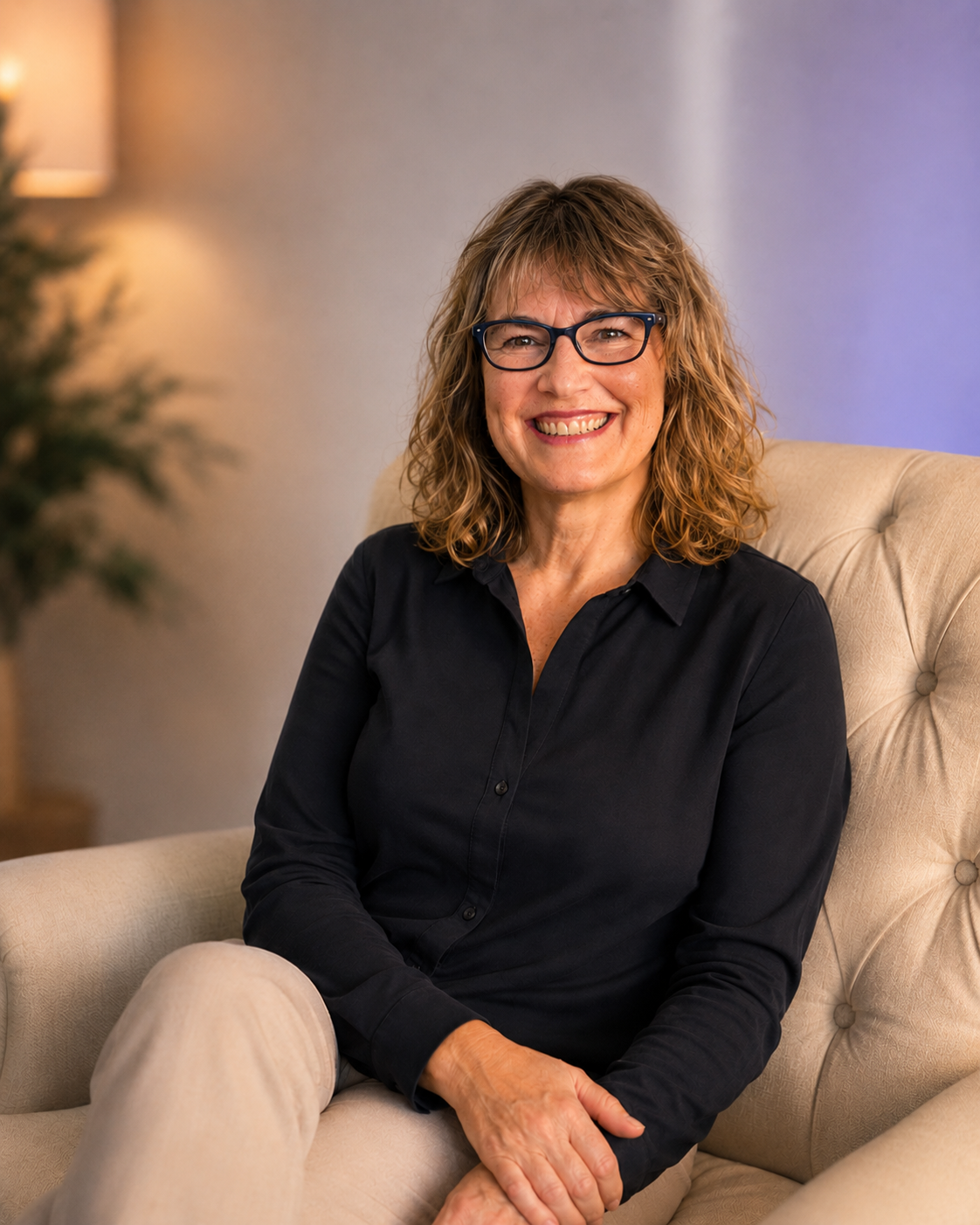 A smiling woman with curly, shoulder-length hair, wearing glasses, a black shirt, and beige pants, sitting on a beige tufted armchair in a cozy indoor setting.