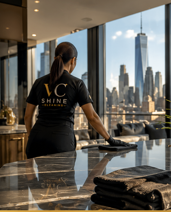 A woman in a black shirt with gold lettering cleaning a marble table in a modern office with a city skyline view through large windows.
