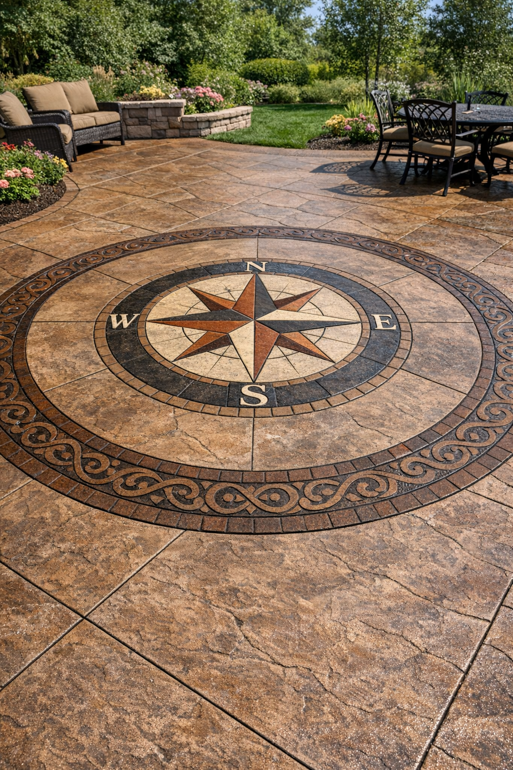A decorative outdoor patio with a compass rose design embedded in the stone floor, surrounded by garden furniture and lush greenery.