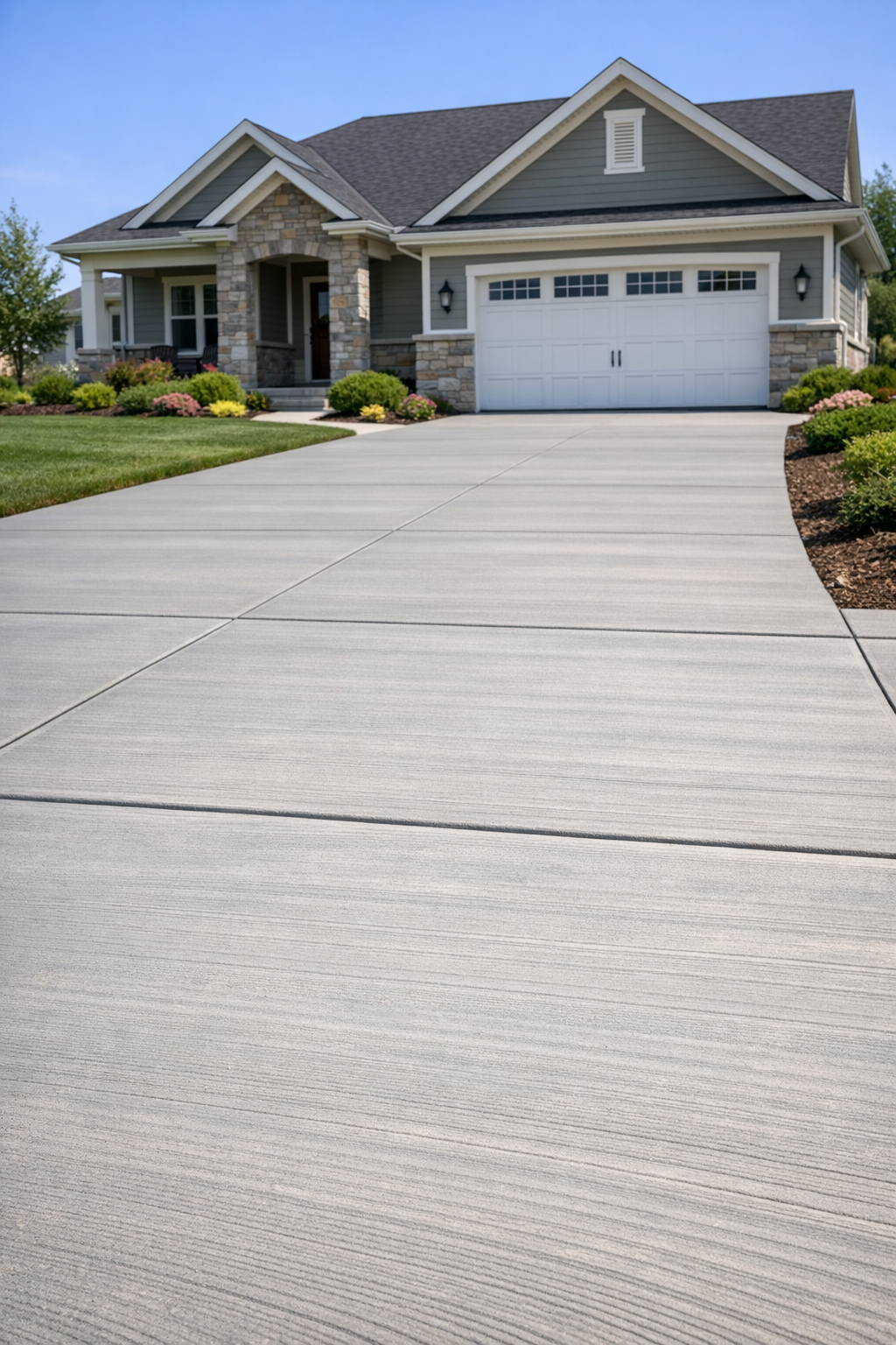 A modern house with a gray exterior, a white garage door, and a well-maintained front yard with green grass and colorful bushes. The driveway is wide and clean, leading up to the garage.