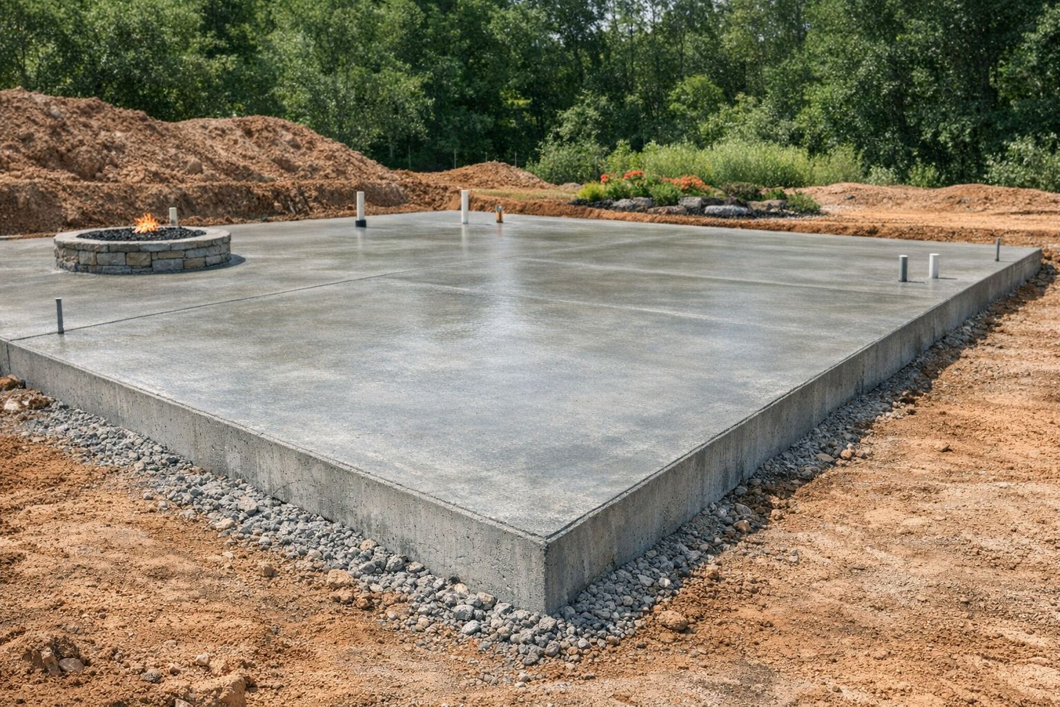 new concrete patio with a fire pit in the center, pipes protruding from the surface, surrounded by dirt and construction materials, with trees and plants in the background.