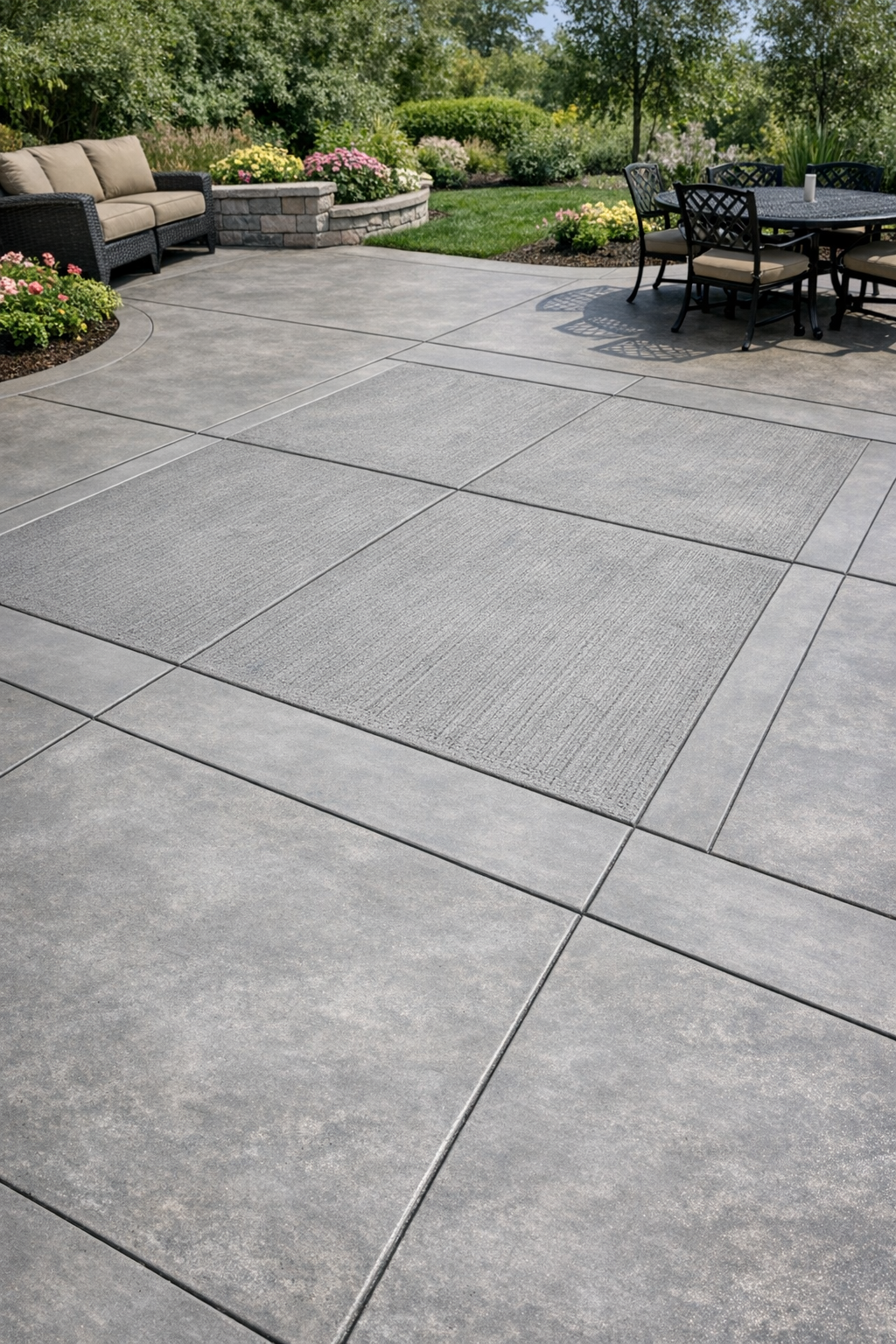 A backyard patio with large concrete slabs and a textured gray area rug, surrounded by flower beds, bushes, and trees, with a patio table, chairs, and a cushioned outdoor sofa.