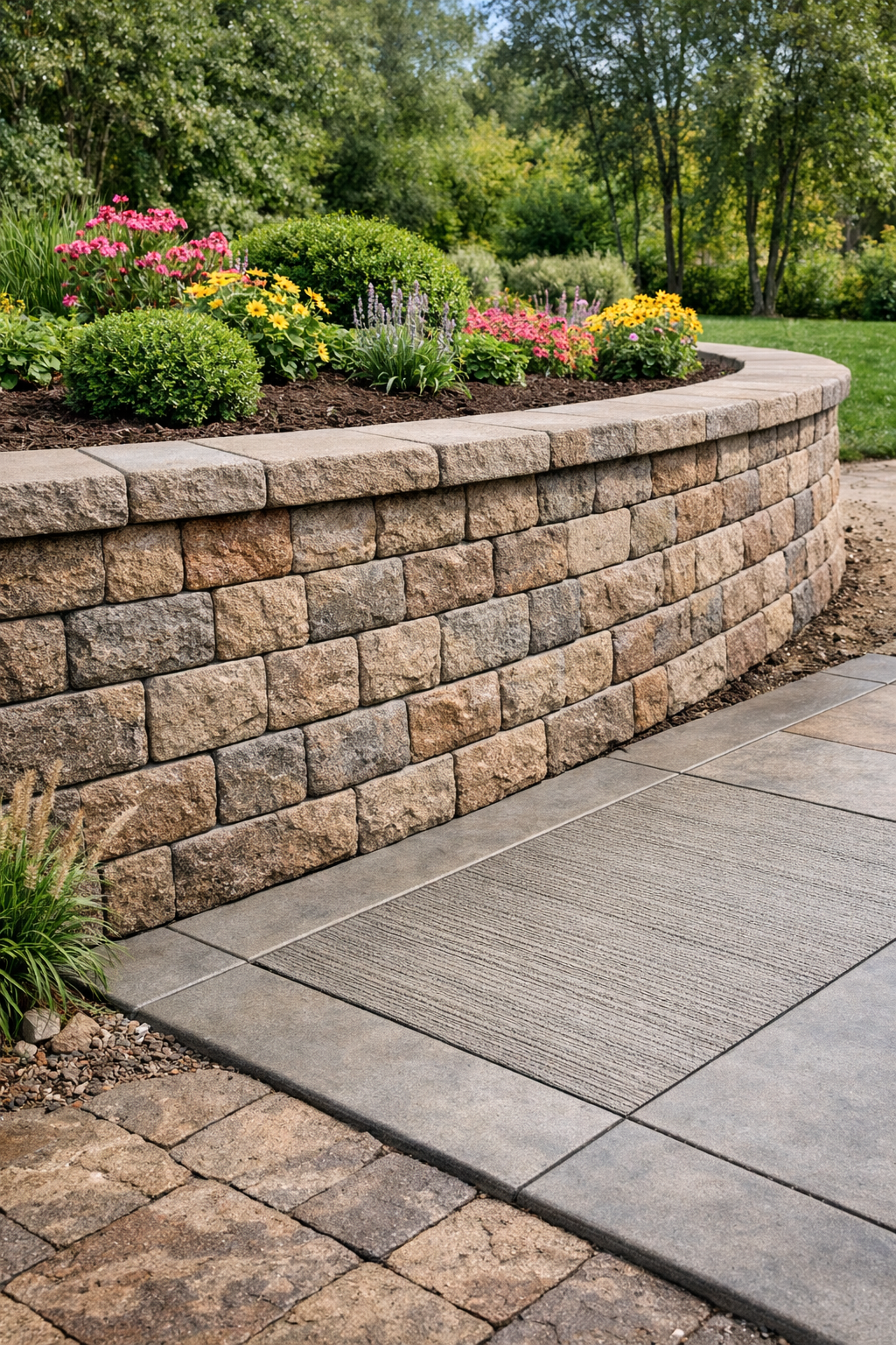 A raised garden bed made of stacked stone bricks filled with colorful flowering plants, with a paved sidewalk and grassy yard in the background.