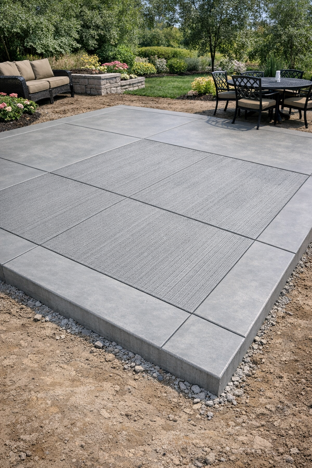 A backyard patio area with concrete pavers and a landscaped garden with flowers, shrubs, and trees. There is outdoor furniture including a black metal table with six matching chairs and a beige cushioned outdoor sofa.