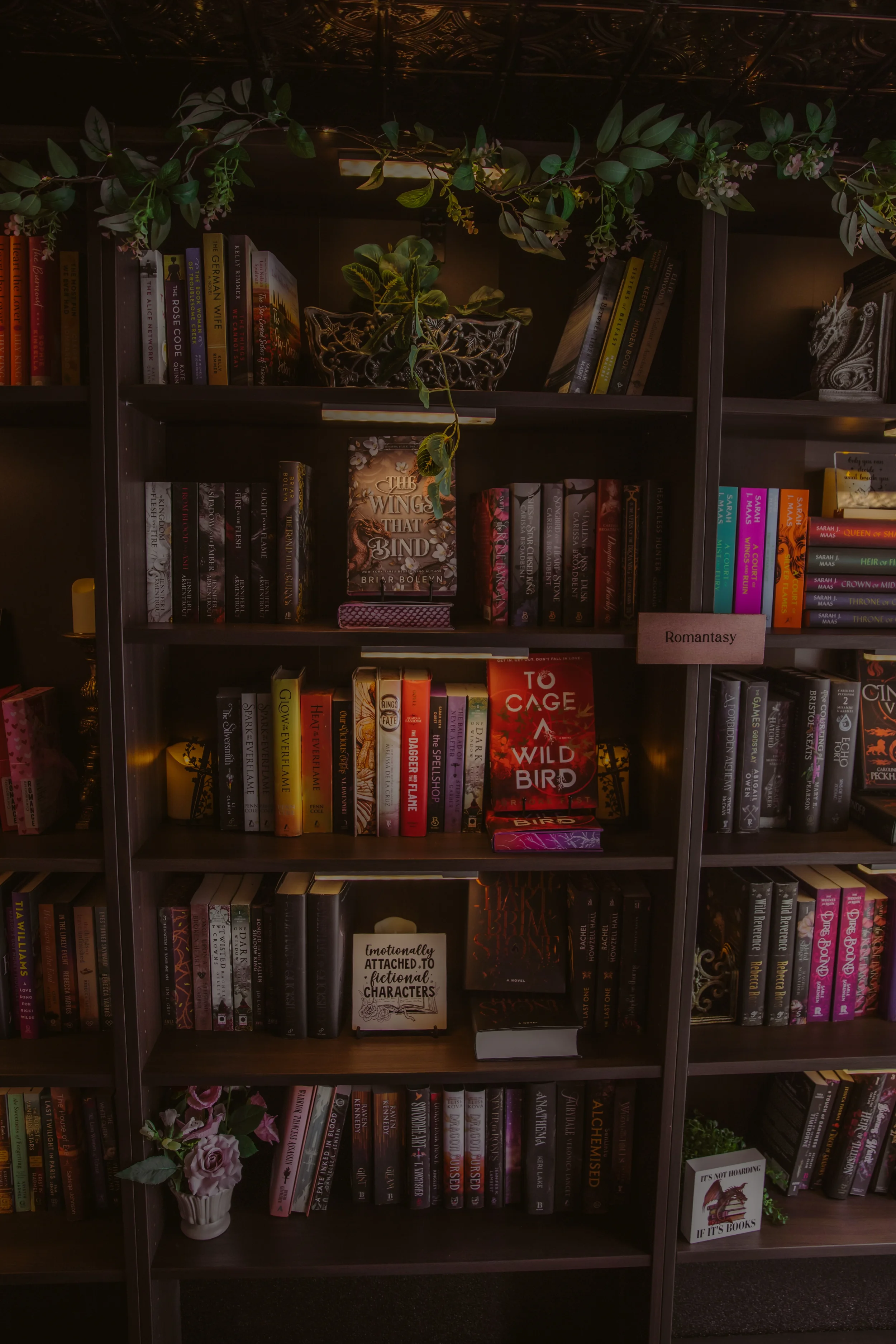 A bookshelf filled with a variety of books, decorated with a green leafy plant, some flowers in a vase, and a sign that reads 'Romantasy.'