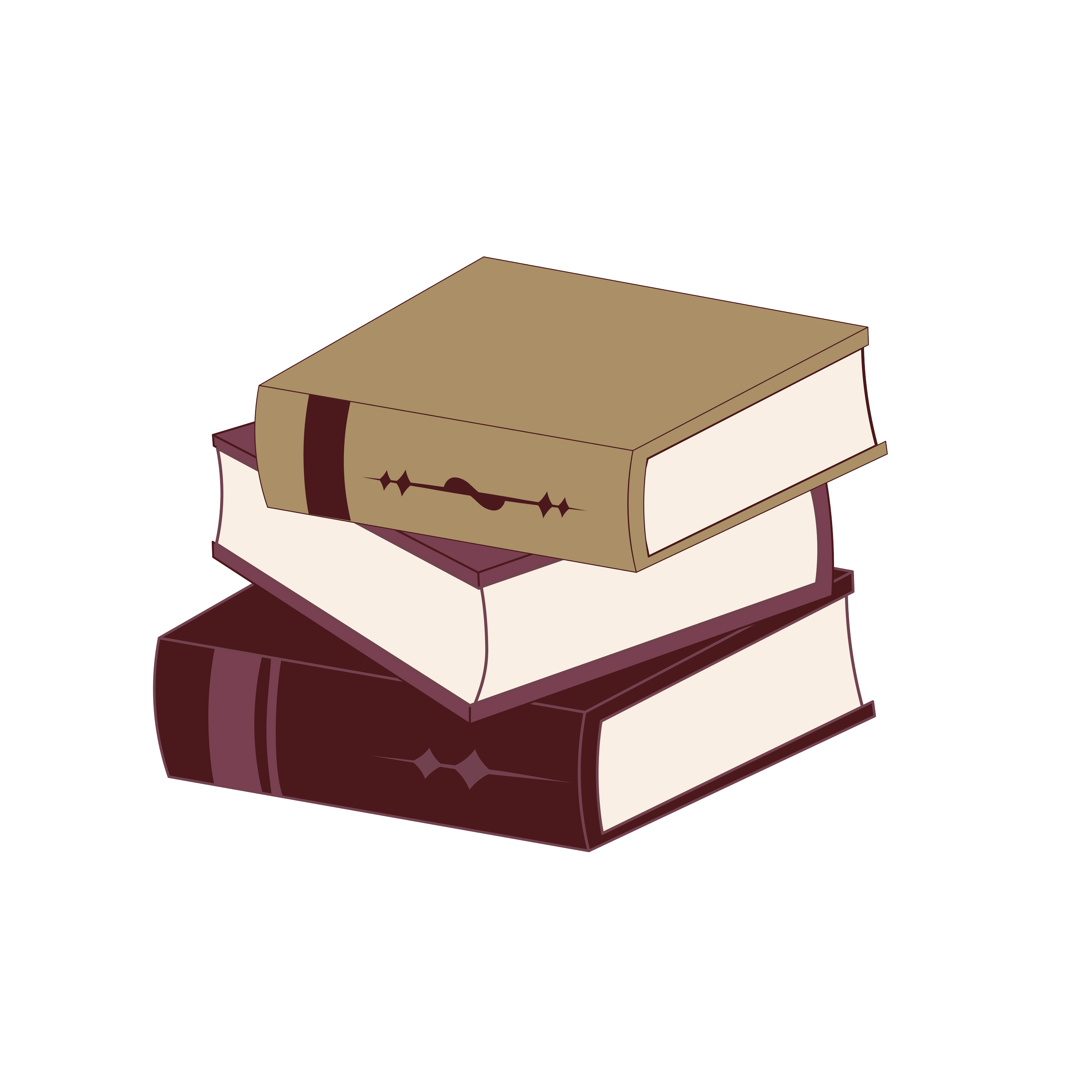 Multiple stacked books on a table, with the top book featuring a tan cover, a dark brown spine, and a faint decorative pattern.