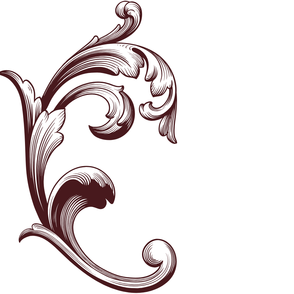 Decorative digital illustration of an ornate, swirling floral design in dark red on a transparent background.