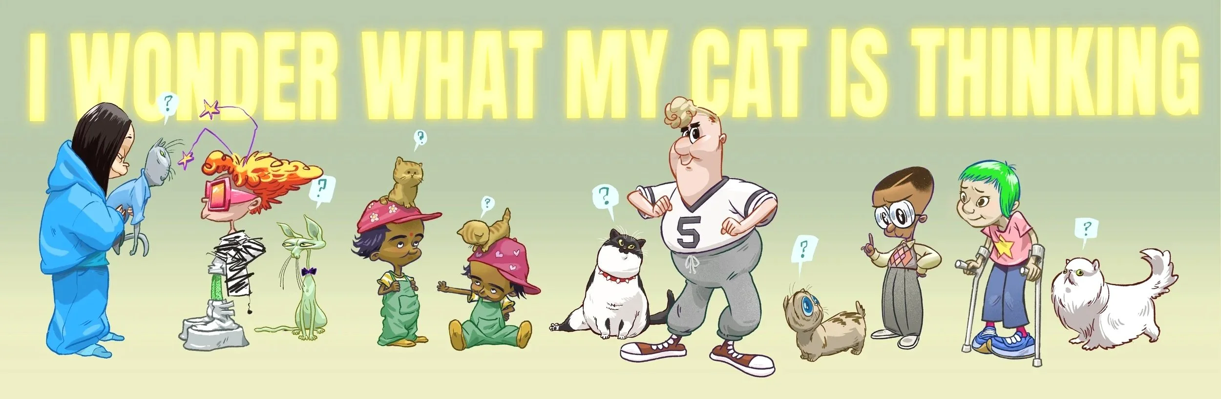original rendering of the cast of "I Wonder What My Cat Is Thinking"