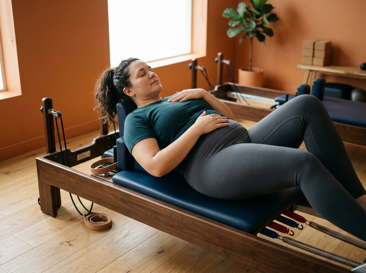 a woman lying on a pilates reformer