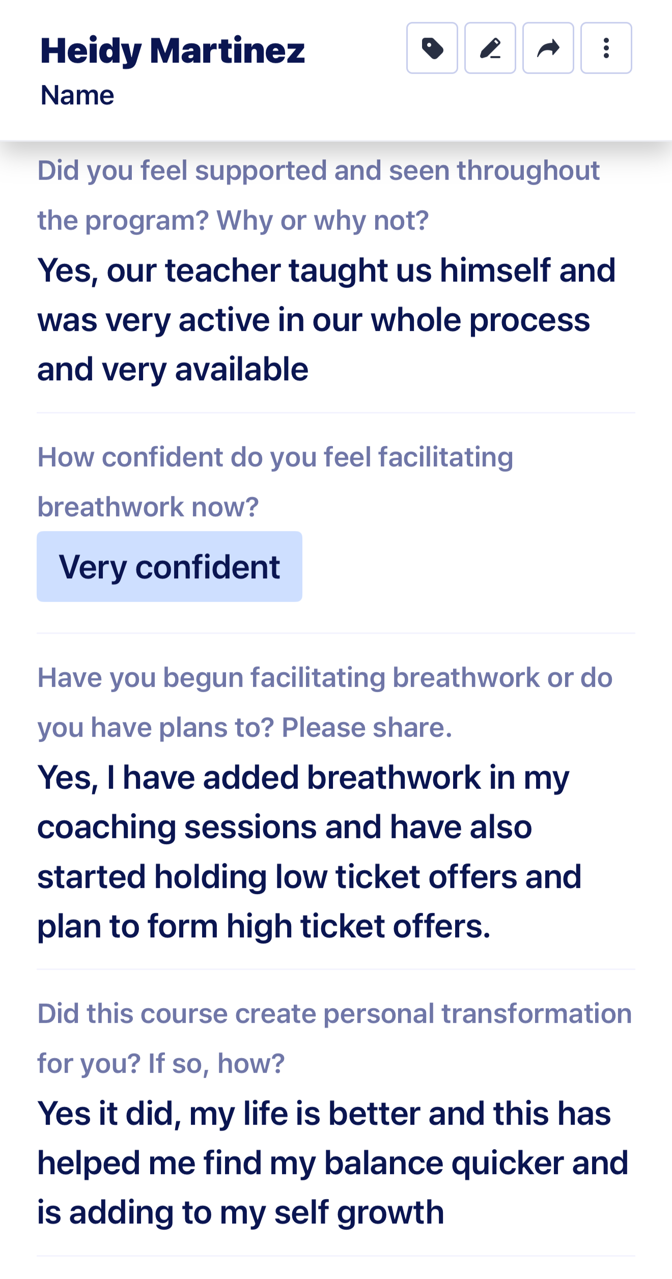 Testimonial from Heidy Martinez describing support, confidence in breathwork, and personal transformation.