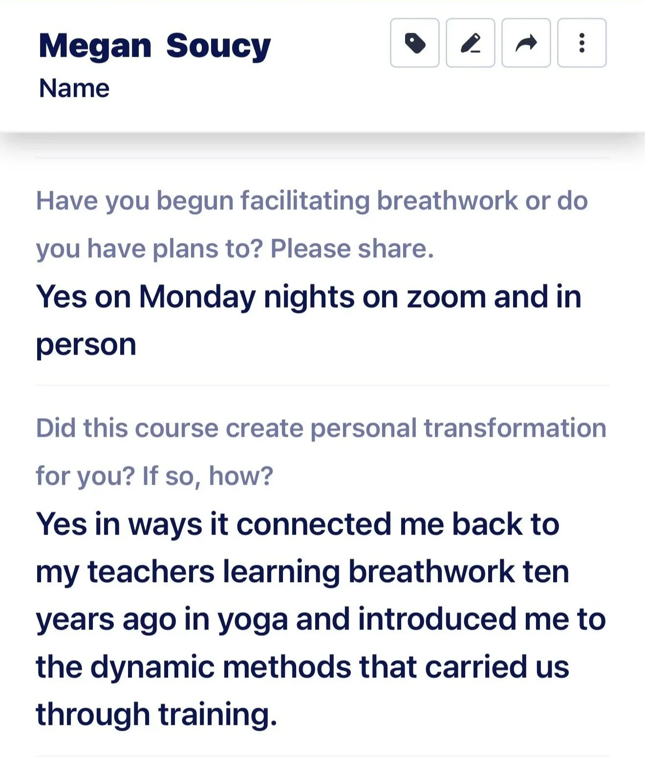 Participant testimonial about breathwork, personal transformation, and yoga experience.