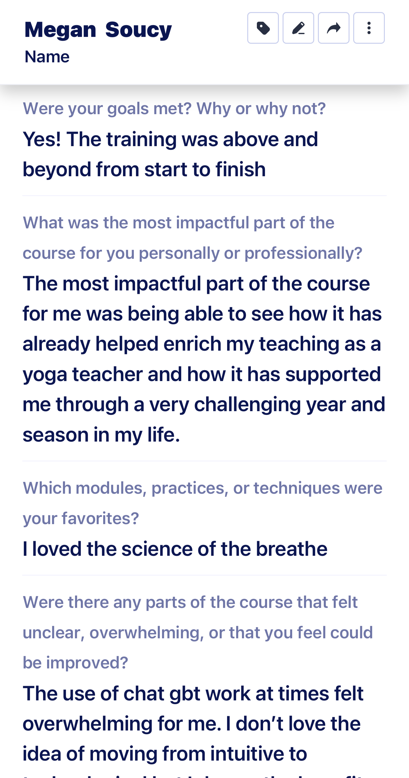 Participant testimonial sharing feedback about a Transcend breathwork training course.