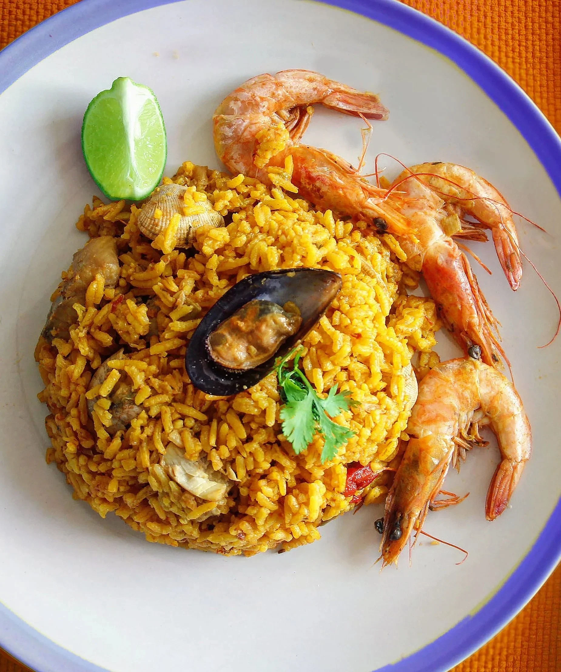 Traditional Spanish seafood paella featuring fresh prawns and mussels served on a rustic plate.
