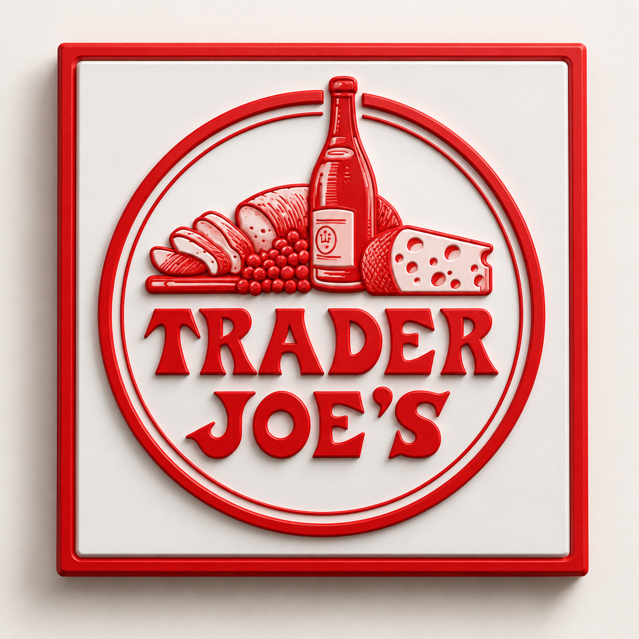 Red and white sign with cheese, meat, grapes, and a bottle of wine, and the text "Trader Joe's."