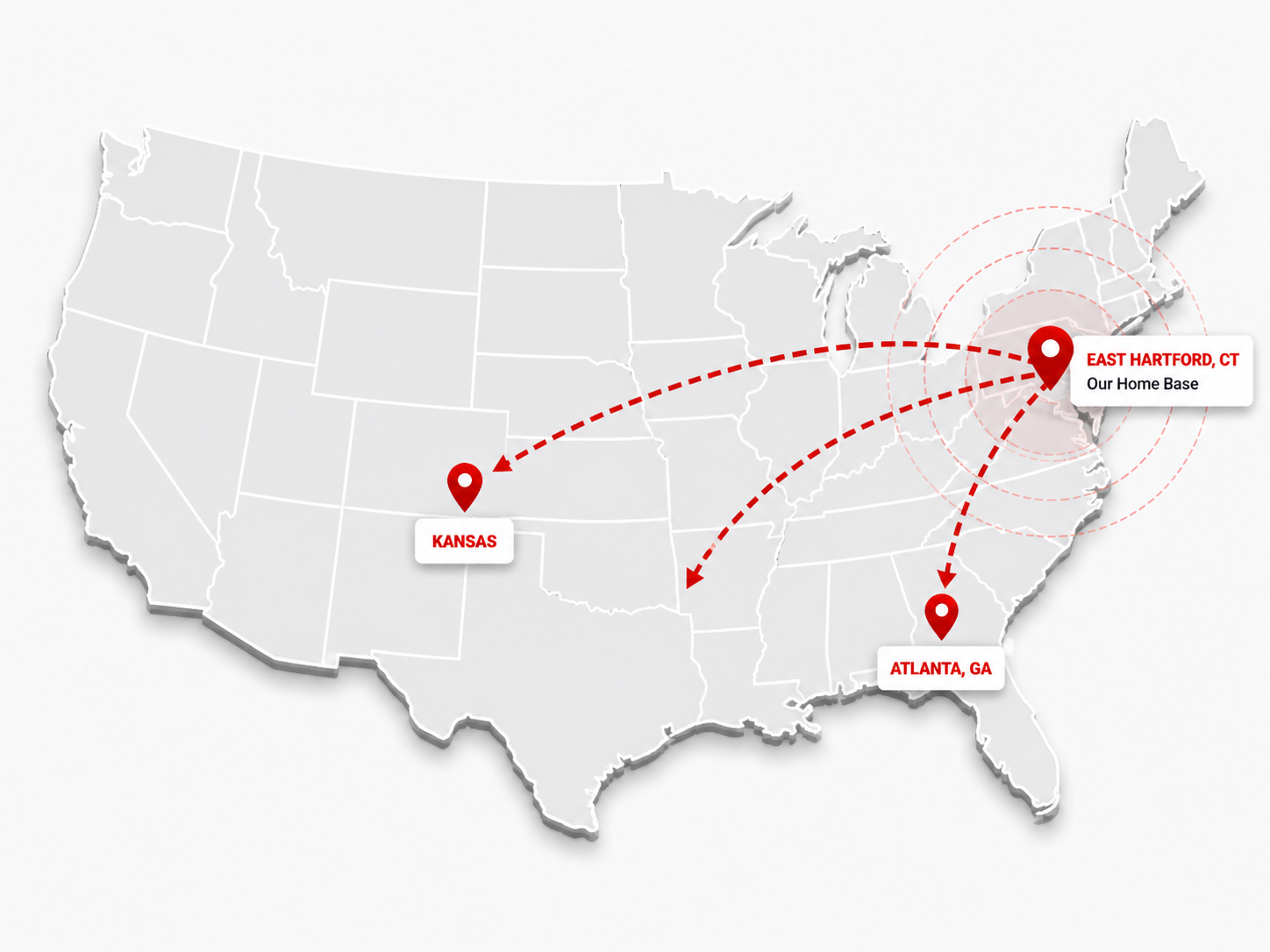 Map of the United States showing three locations connected to a central home base in East Hartford, Connecticut, with dashed red lines: Kansas, Atlanta, Georgia, and East Hartford, Connecticut.