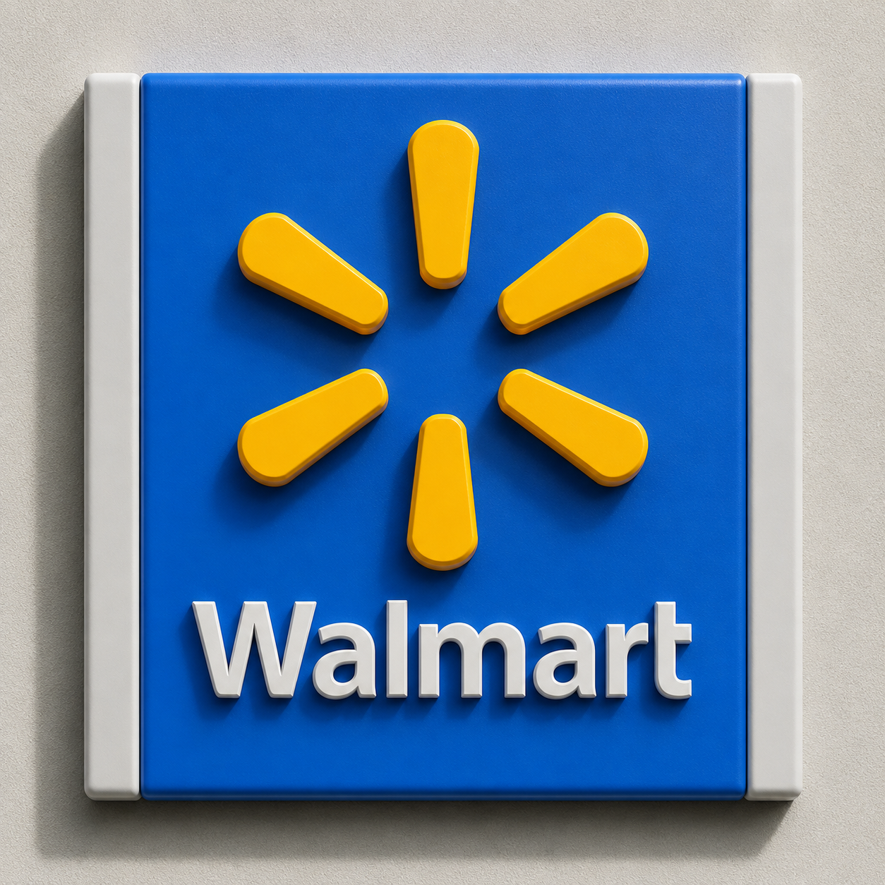 Walmart logo clock with yellow hands and the word 'Walmart' on a blue background.