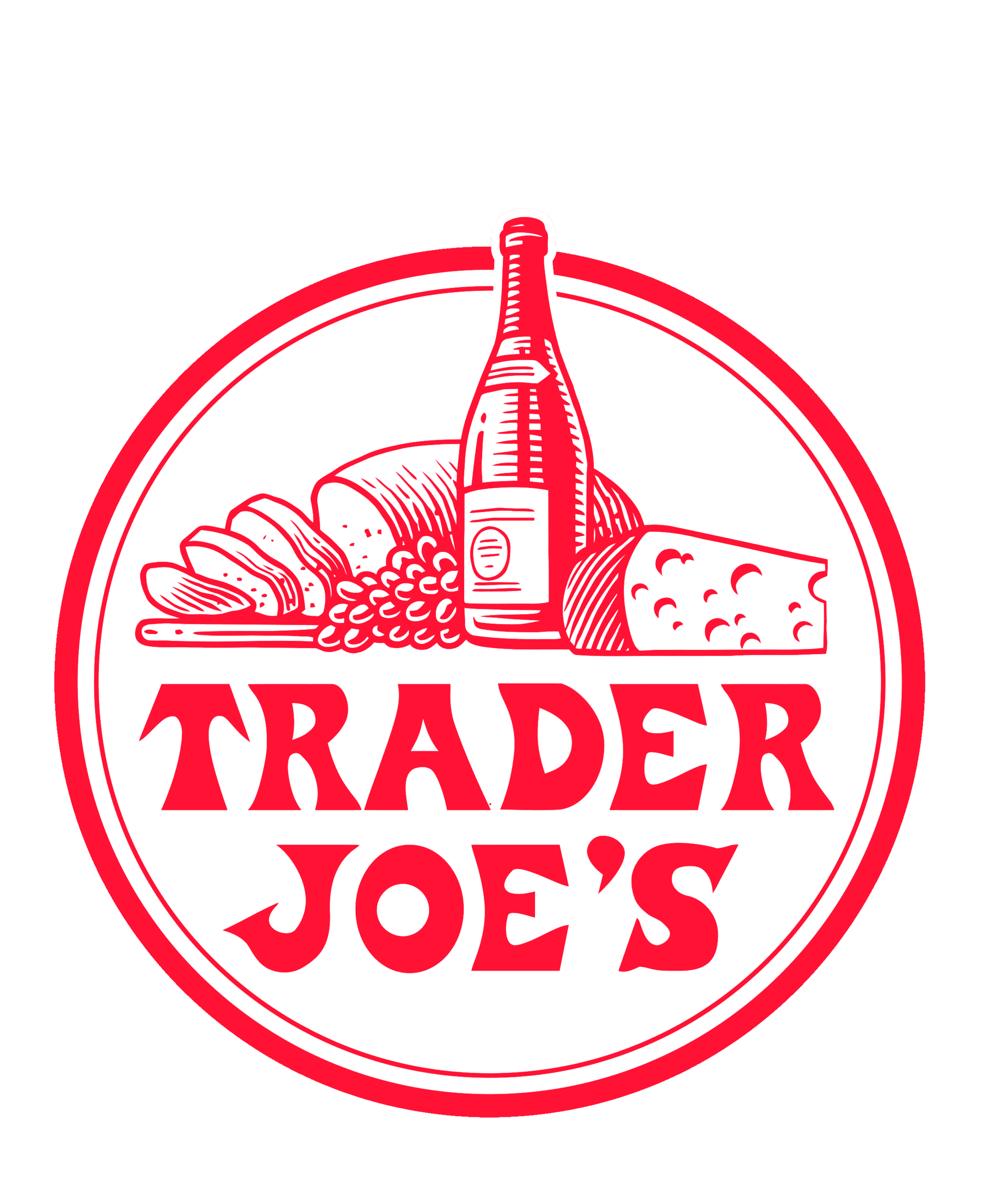 A circular logo featuring a hand holding a sandwich with a burger bun, cheese, lettuce, tomato, and other ingredients. The hand is gripping a spray bottle, and there is a large cheese wedge to the right of the hand. The words "Trader Joe's" are prominently displayed in bold red letters across the bottom of the logo.