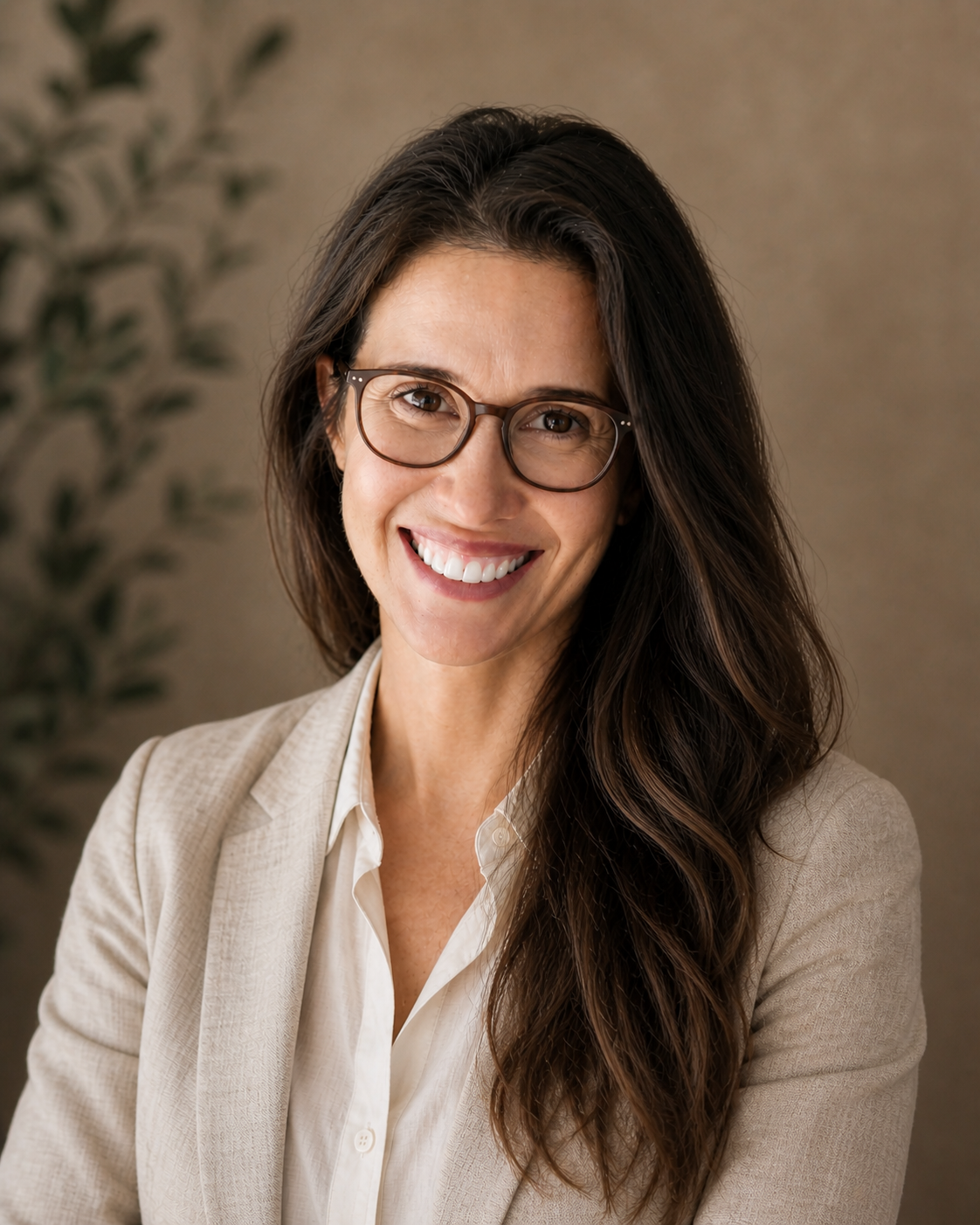 Smiling woman with long dark hair, glasses, wearing a beige blazer and white shirt, in front of a neutral background with a plant in the background.