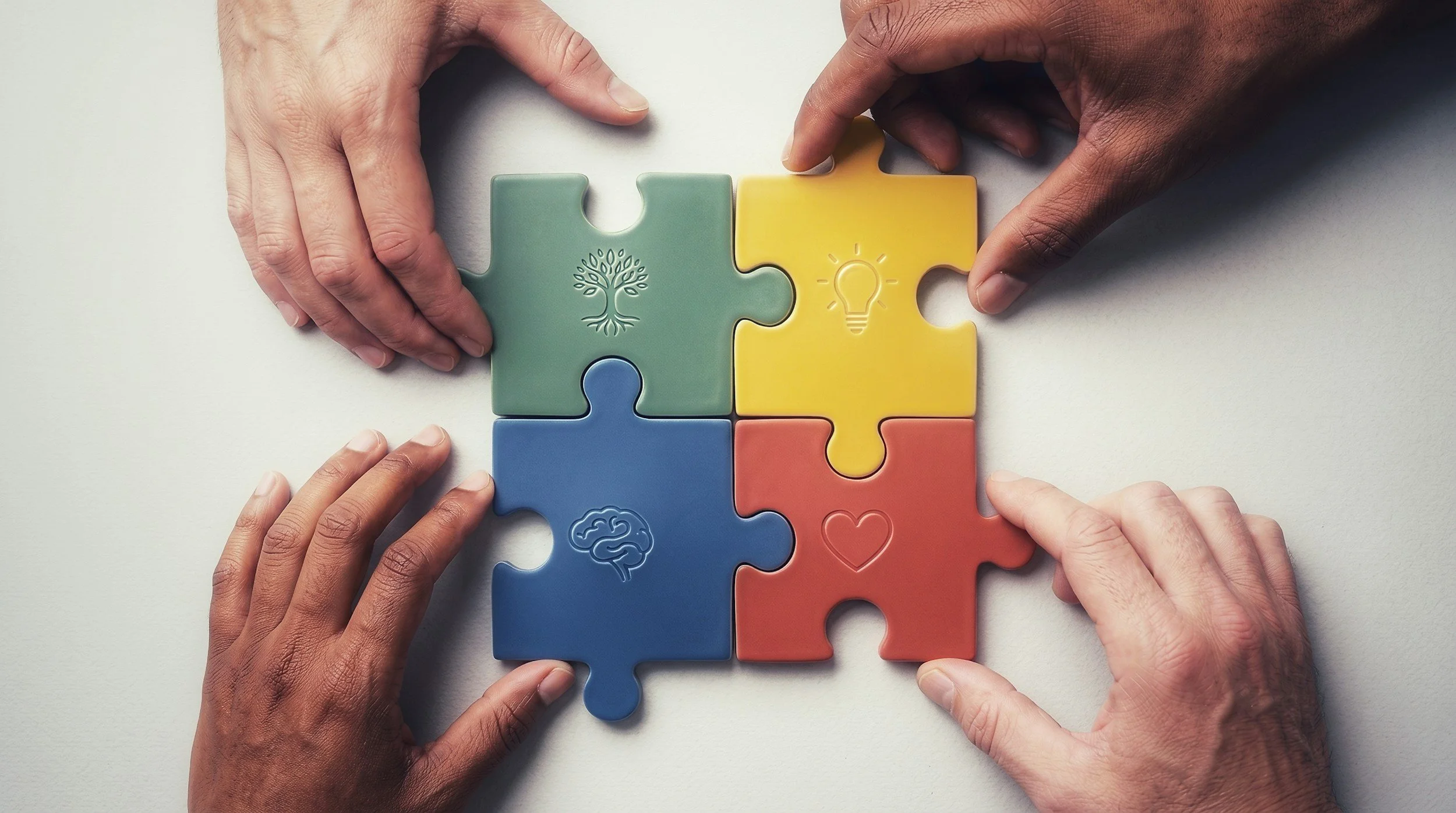Four hands assembling a colorful jigsaw puzzle on a white surface, with each puzzle piece featuring icons related to ideas, growth, and emotion.