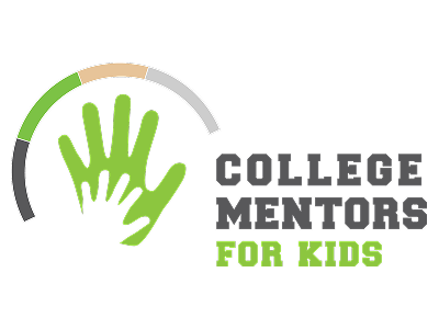 A logo with a green and beige color scheme featuring a hand and the text 'College Mentors for Kids'.