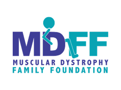 Logo of the Muscular Dystrophy Family Foundation with the abbreviation MDF and a stylized figure lifting weights.
