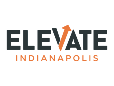 Logo of ELEVATE Indianapolis, with the word 'ELEVATE' where the letter 'V' is stylized as an upward arrow.
