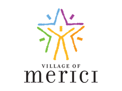 Logo with a stylized human figure and star, colorful lines, and the text 'Village of Merici'.