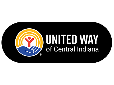 Logo for United Way of Central Indiana with a stylized hand and person symbol inside a circle, and the organization name on a black oval background.