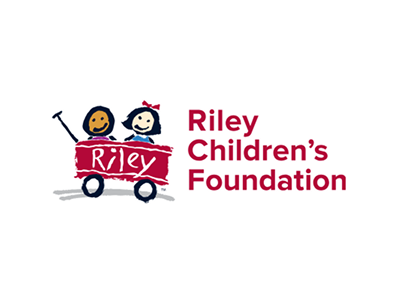 Logo of Riley Children's Foundation featuring two cartoon children on a red wagon with the foundation's name.