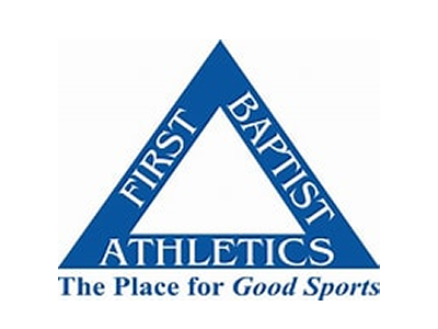 A blue triangle with the words "First Baptist Athletics" inside and "The Place for Good Sports" below.