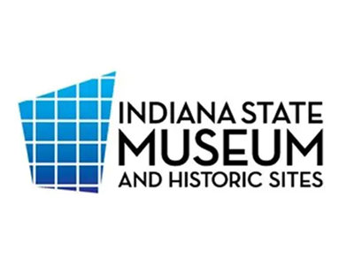 Logo of Indiana State Museum and Historic Sites featuring a stylized blue grid shape and black text.
