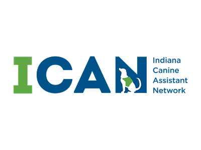Logo for Indiana Canine Assistant Network, with the text 'ICAN' and a silhouette of a dog inside the letter 'N'
