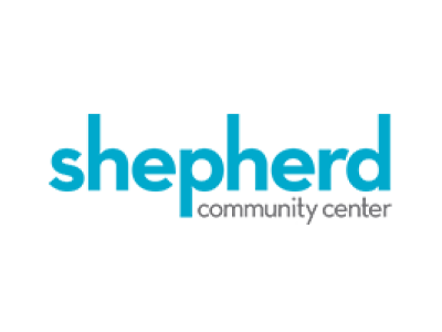 Shepherd Community Center logo with the word 'shepherd' in blue, lowercase letters, and 'community center' in smaller gray text underneath.