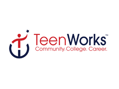 TeenWorks logo with red and blue text and a stylized figure reaching for a star.