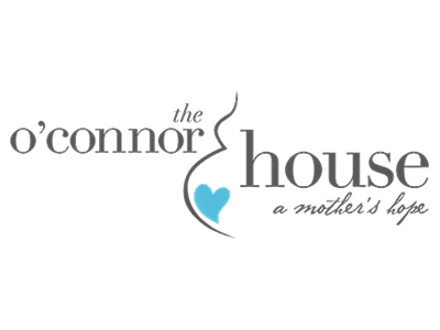 Logo for The O'Connor House with the tagline 'a mother's hope' and a stylized profile of a woman's face with a blue heart.