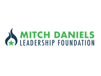 Logo of Mitch Daniels Leadership Foundation with stylized flame and star icon, and text in green and blue.
