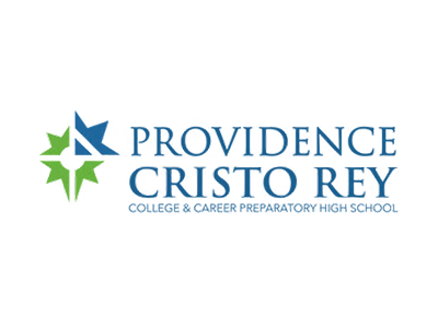 Logo for Providence Cristo Rey College & Career Preparatory High School featuring a stylized cross and compass in green and blue.