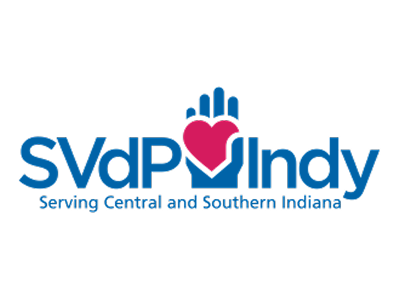 Logo for SVdP Indy with a hand and heart symbol and text 'Serving Central and Southern Indiana'.