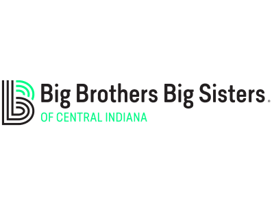 Logo for Big Brothers Big Sisters of Central Indiana with black and green text and graphic elements.