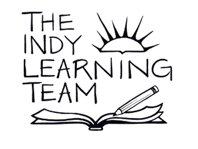 The Indy Learning Team logo featuring a stylized open book with a pen and a rising sun.