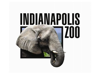 Indianapolis Zoo logo featuring a close-up of an elephant's head in front of a black and white background with text.