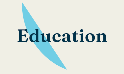 Illustration with the word 'Education' and a blue shape resembling a checkerboard.