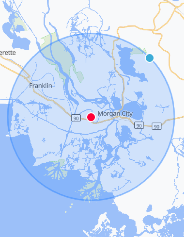 Map showing Morgan City with a red dot, Franklin nearby, and a blue dot to the northeast, with a large circular coverage area around Morgan City.