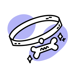 Cartoon illustration of a black dog bone and a purple pill capsule with a black line and a small star shape.