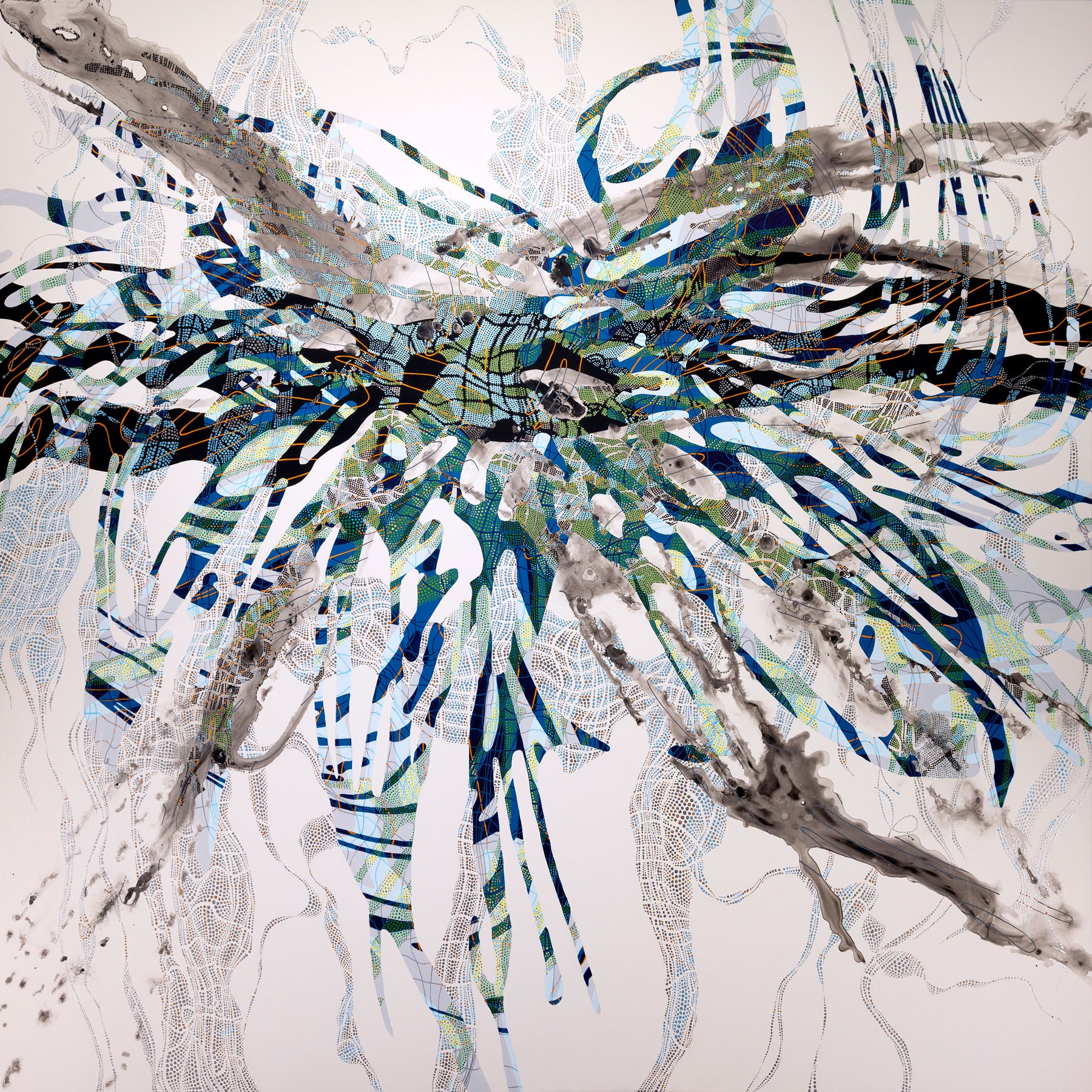 Abstract painting with x-like composition in blues, greens, and black over white background